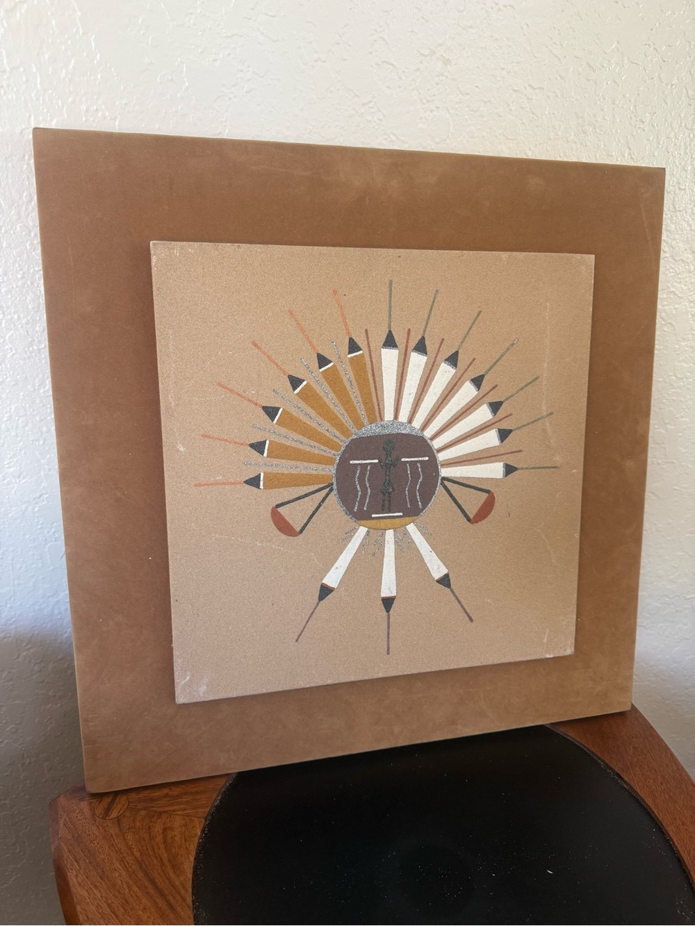 Vintage Navajo Sun Shield Sand Painting mounted on a Suede wrapped frame